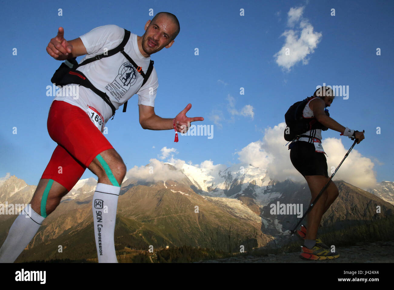 Der Ultra-Trail du Mont-Blanc. A eine einstufige Berg-Ultramarathon in den Alpen. Frankreich. Stockfoto