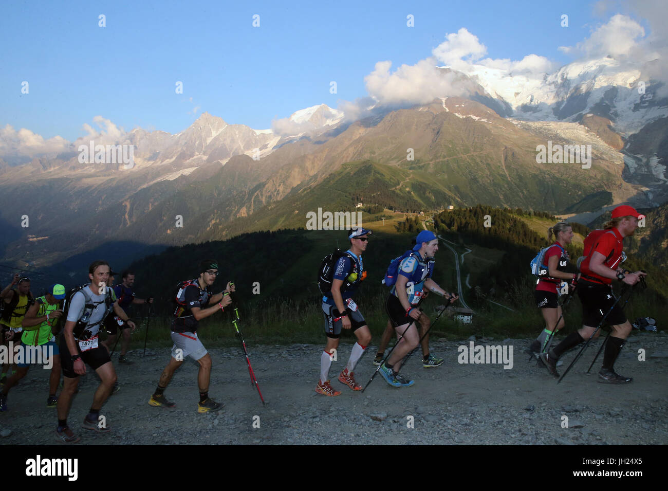 Der Ultra-Trail du Mont-Blanc. A eine einstufige Berg-Ultramarathon in den Alpen. Frankreich. Stockfoto