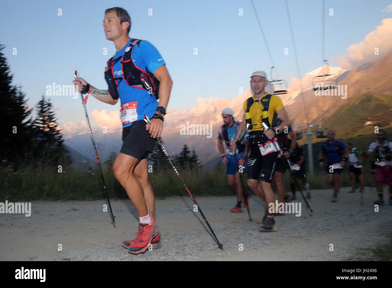 Der Ultra-Trail du Mont-Blanc. A eine einstufige Berg-Ultramarathon in den Alpen. Frankreich. Stockfoto