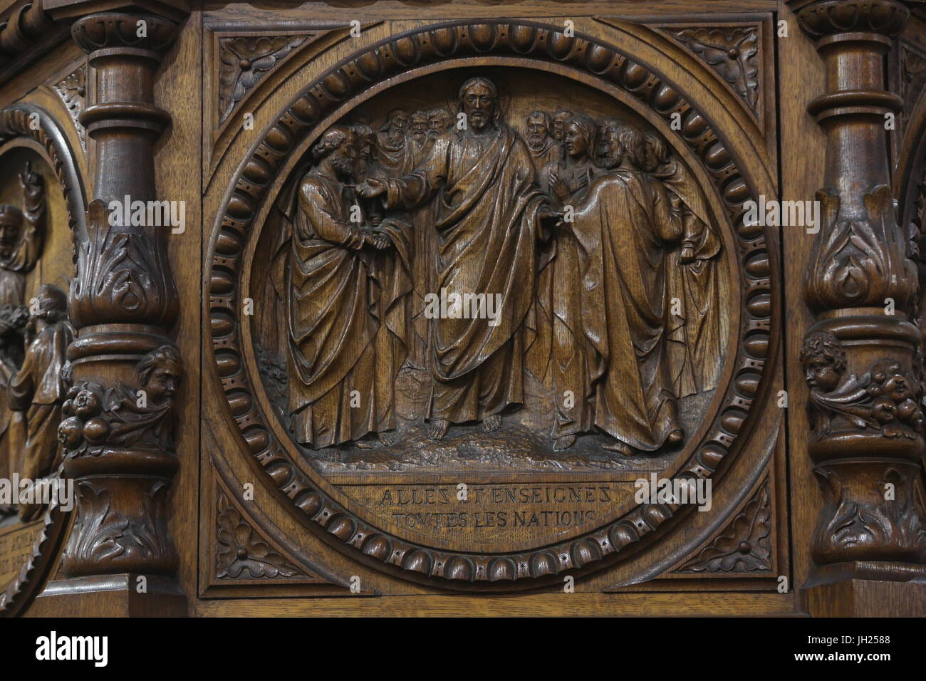 Kanzel in der Kirche Sainte-Foy, Conches. Frankreich. Stockfoto