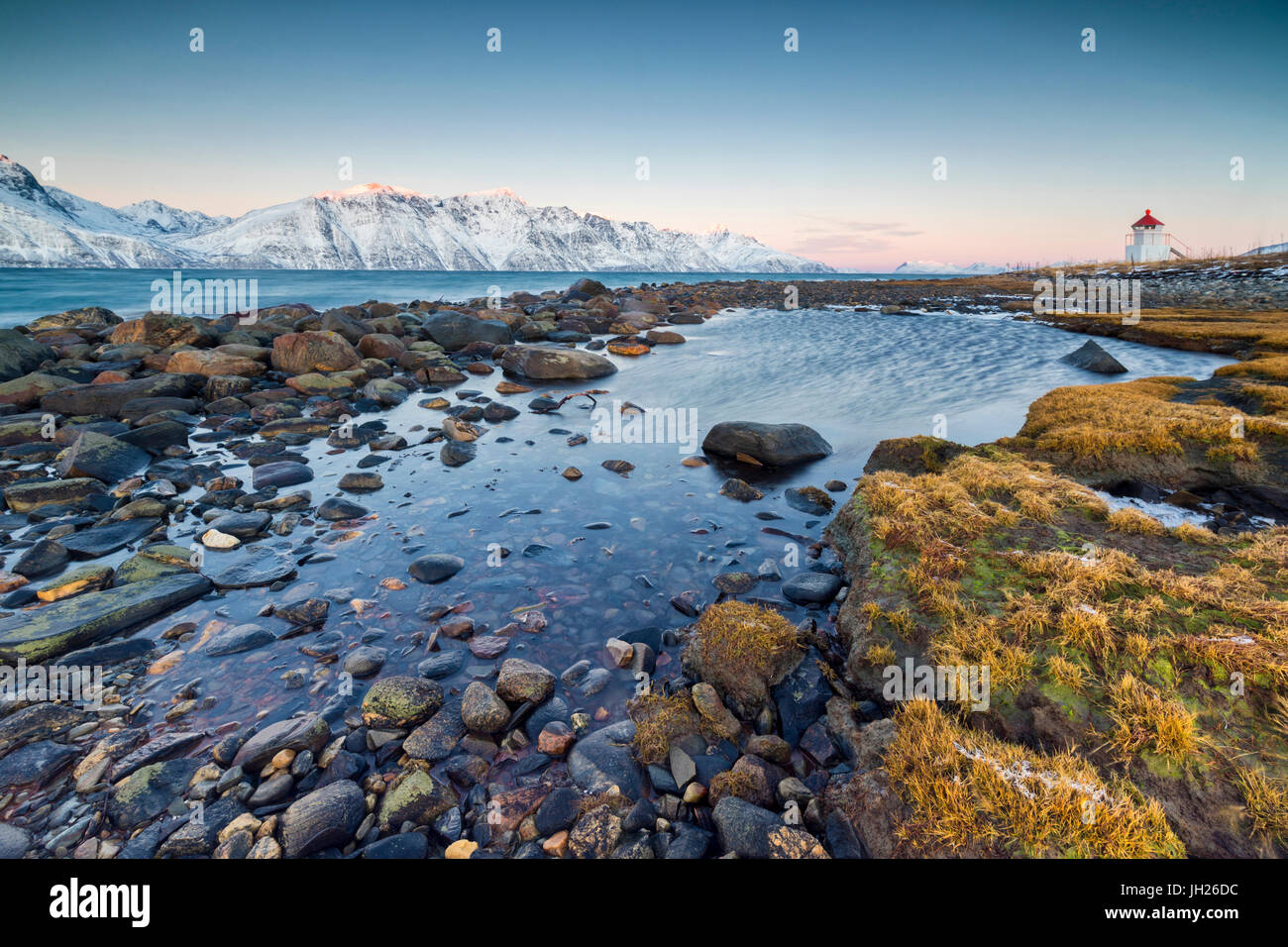 Grass und Felsen umrahmen den Leuchtturm umgeben von gefrorenen Meer und schneebedeckten Gipfeln in der Morgendämmerung, Djupvik, Lyngen Alpen, Troms, Norwegen Stockfoto