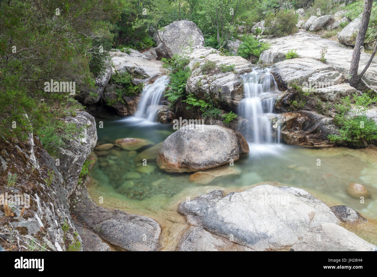 Blick auf den Purcaraccia Wasserfällen und natürlichen Pools im Sommer, Punta di Malanda, Bavella Gebirge, Quenza, Korsika, Frankreich Stockfoto