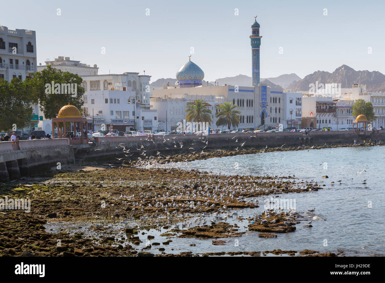 Blick auf die Al Rasool Al Adham Moschee und Corniche auf Muttrah, Muscat, Oman, Middle East Stockfoto