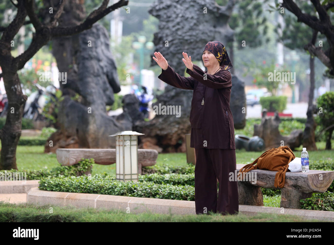 Frau Tai Chi im Park üben.  Vietnam. Stockfoto