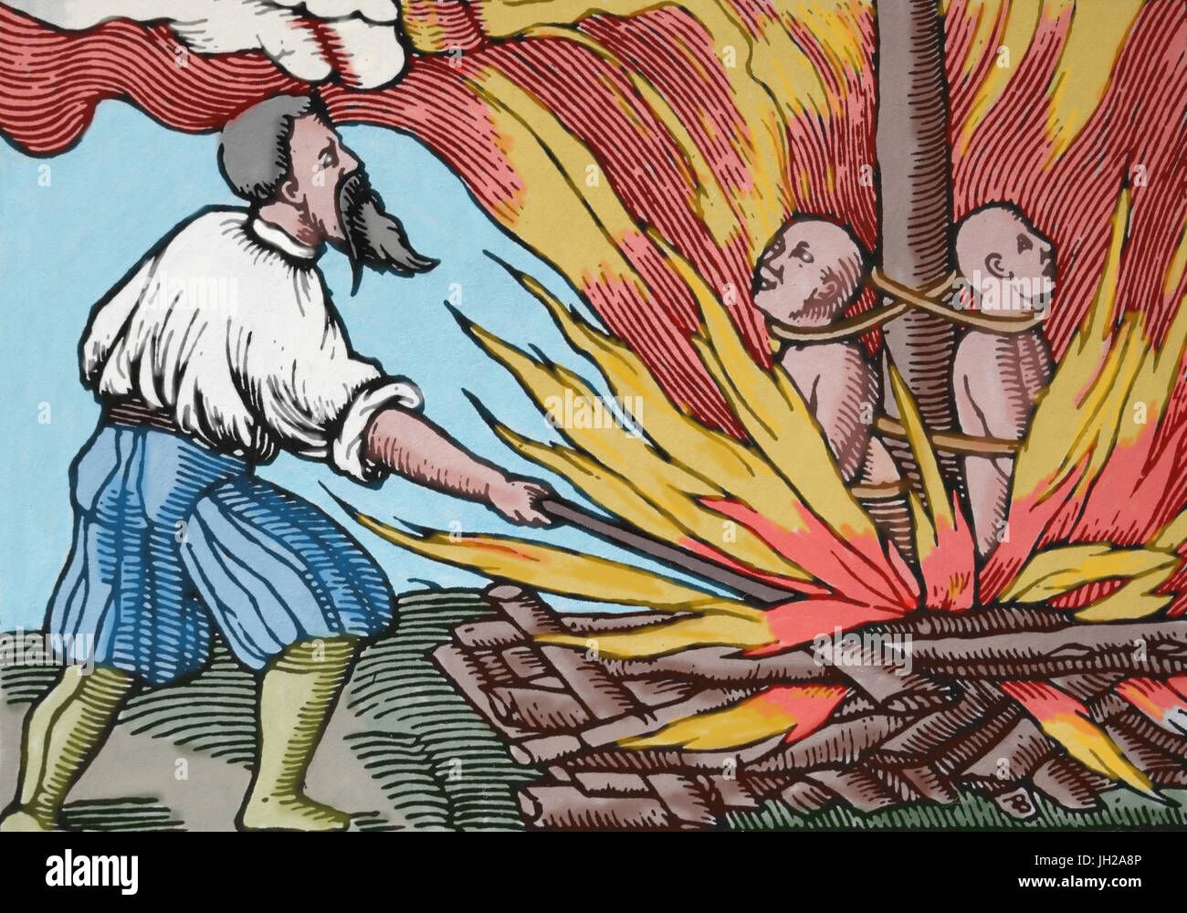 Inquisition. Dominikanische Mönche verbrennen auf dem Scheiterhaufen Pakte mit dem Teufel. Kupferstich, 1549. Historie veritable de Quatre Lacopins, Genf. Stockfoto