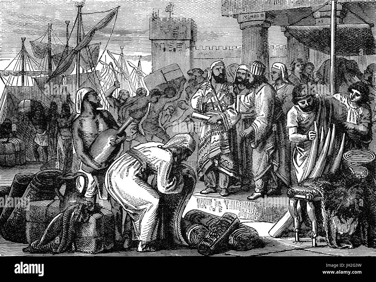 Kaufleute und Händler in einem mittleren östlichen Hafen während der späten 5. Jahrhundert v. Chr. Stockfoto