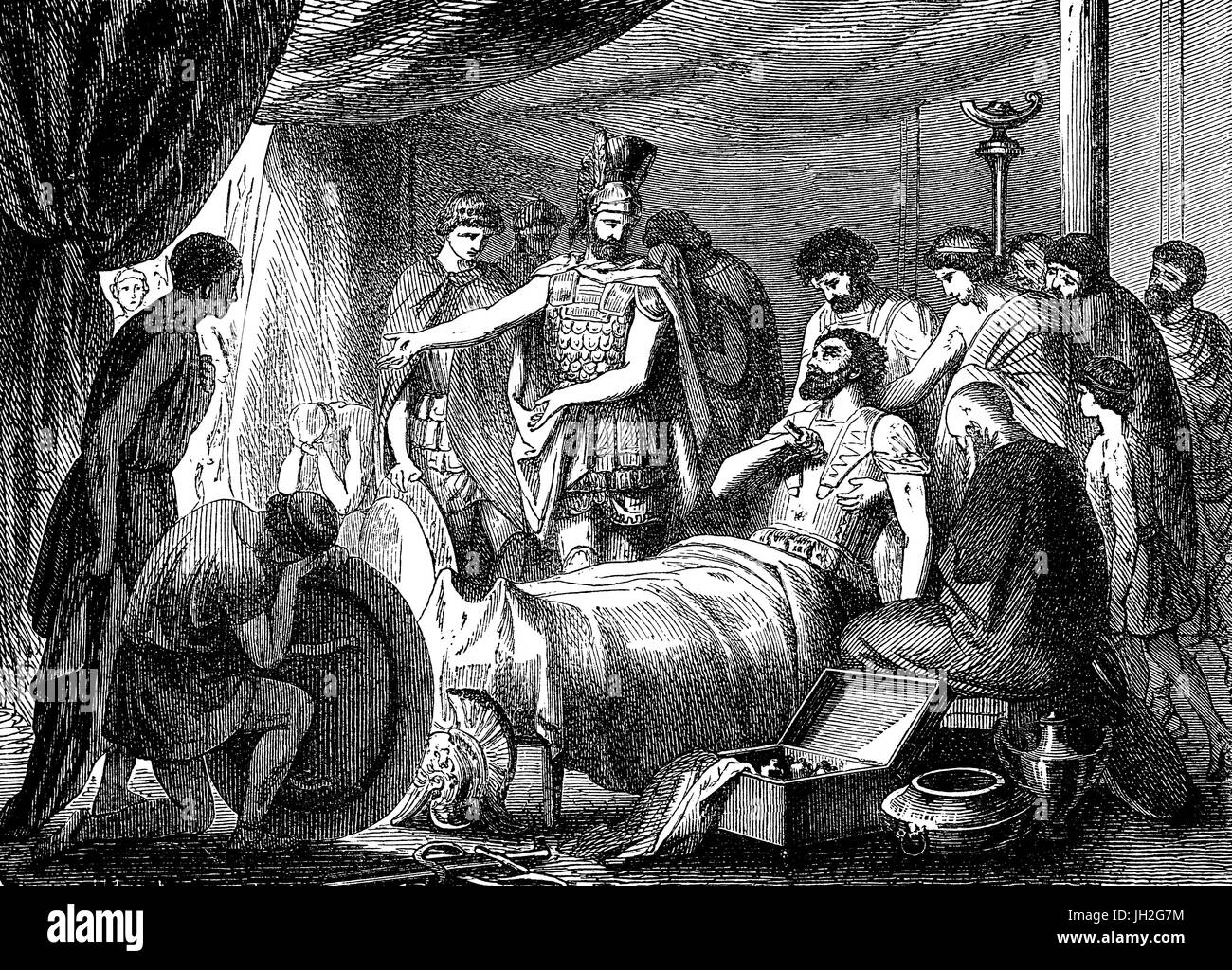 Während der Schlacht von Mantinea (362 v. Chr.) Epaminondas war Theban general und Staatsmann in die Brust getroffen von einem Speer, es scheint, dass die Spartaner in der Hoffnung, ihn zu töten, und damit die Thebaner demoralisierend absichtlich an Epaminondas zielten. Die Lanze brach, verlassen den Eisen-Punkt in seinem Körper und Epaminondas zusammengebrochen; die Thebaner um ihn herum kämpfte verzweifelt um die Spartaner Inbesitznahme seines Körpers zu stoppen. Stockfoto
