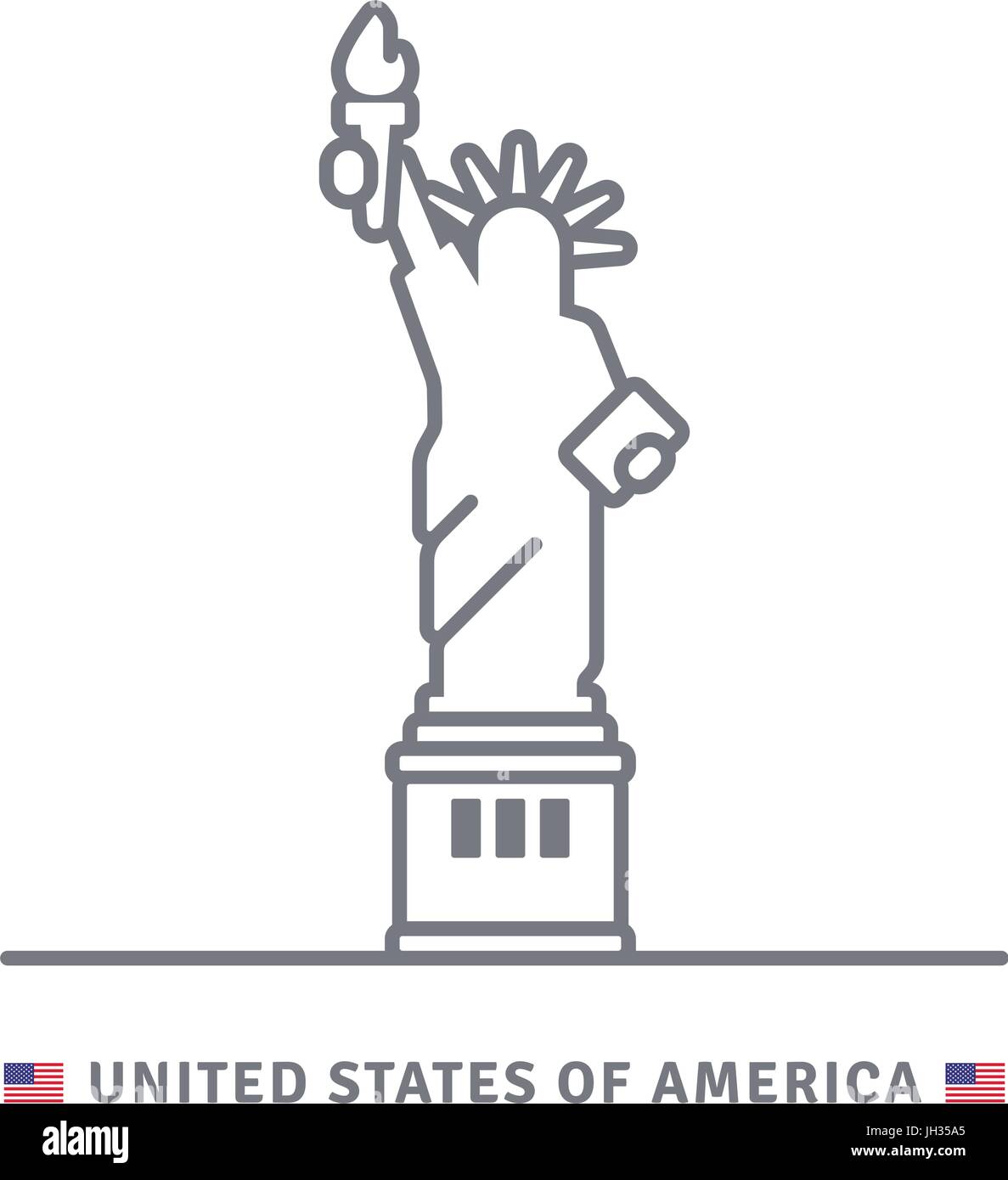 Vereinigte Staaten von Amerika-Linie-Symbol. Statue of Liberty und US-Flagge-Vektor-Illustration. Stock Vektor