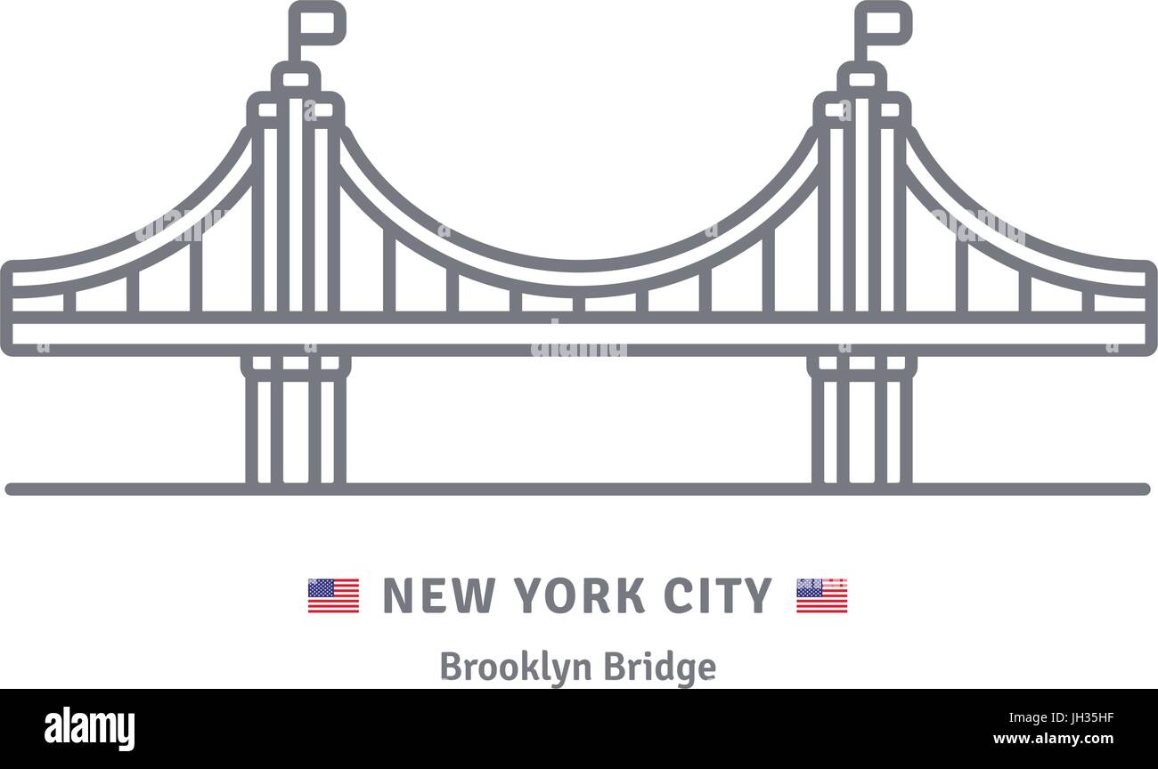 New York City-Line-Symbol. Brooklyn Bridge und USA Flagge Vektor-Illustration. Stock Vektor