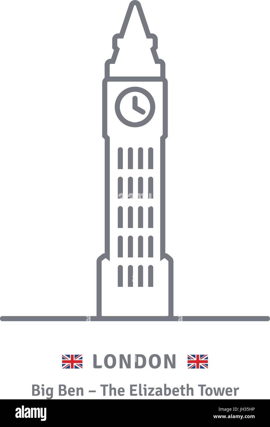 London-Linie-Symbol. Big Ben und die britische Flagge Vektor-Illustration. Stock Vektor