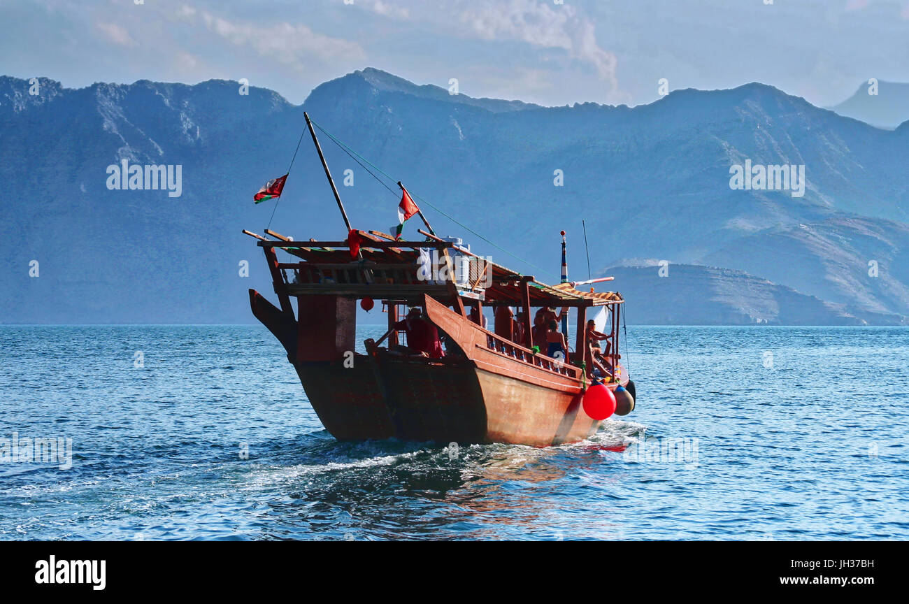 Bootsfahrt auf Khor Asche Sham, Musandam, Oman Stockfoto