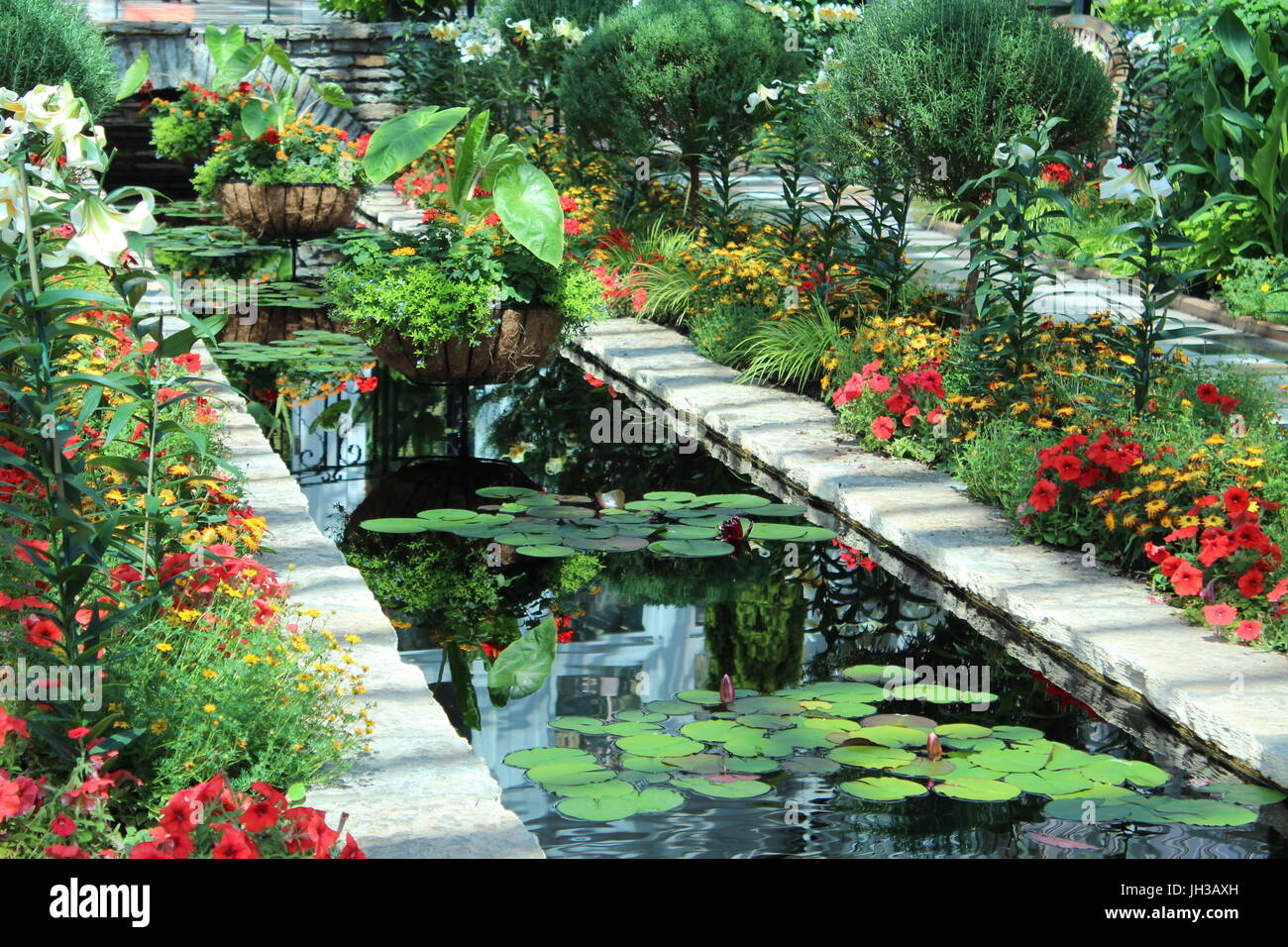 Bei der versunkene Garten, Como Park Zoo und Sternwarte Blick auf saisonale Sommerpflanzen und Blumen Stockfoto