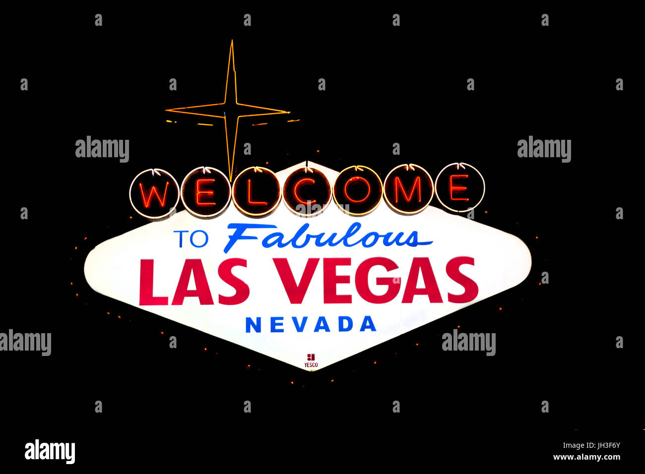 Kultige Welcome to Fabulous Las Vegas Nevada Zeichen. Auf schwarzem Hintergrund isoliert. Stockfoto