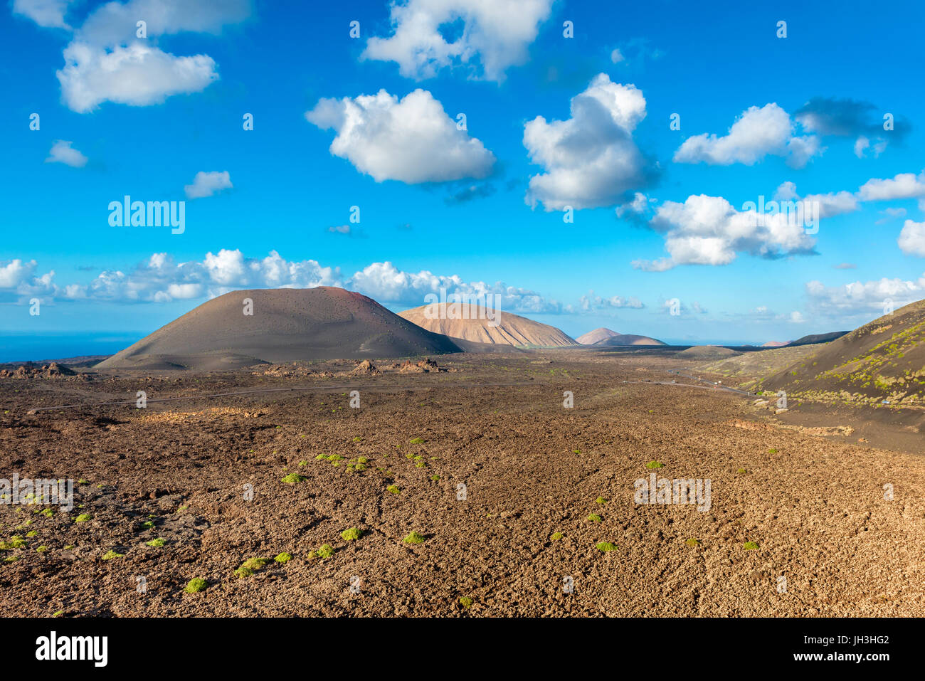 Vogelperspektive Blick auf den Nationalpark Timanfaya, Lanzarote, Kanarische Inseln, Spanien Stockfoto