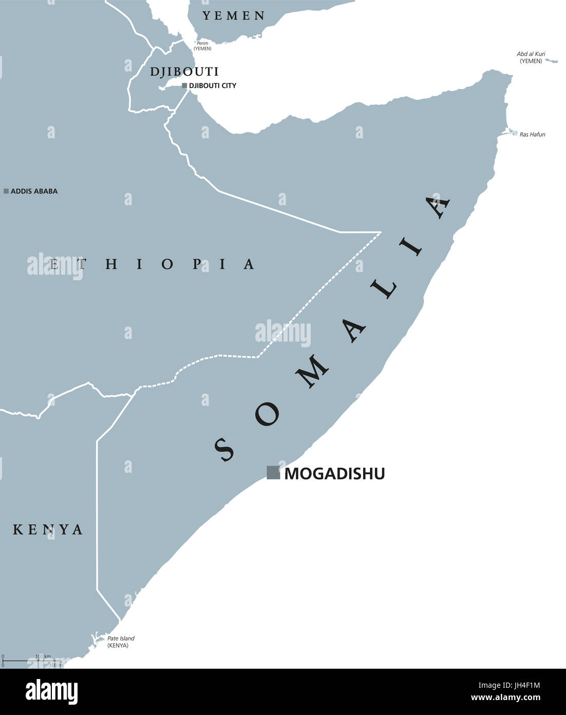 Somalias politische Karte mit Hauptstadt Mogadischu. Bundesrepublik Deutschland und das Land am Horn von Afrika. Küste entlang Golf von Aden und den Indischen Ozean. Stockfoto