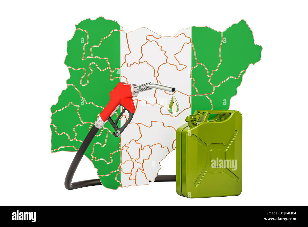 Produktion und Handel von Benzin in Nigeria, Konzept. 3D-Rendering isoliert auf weißem Hintergrund Stockfoto