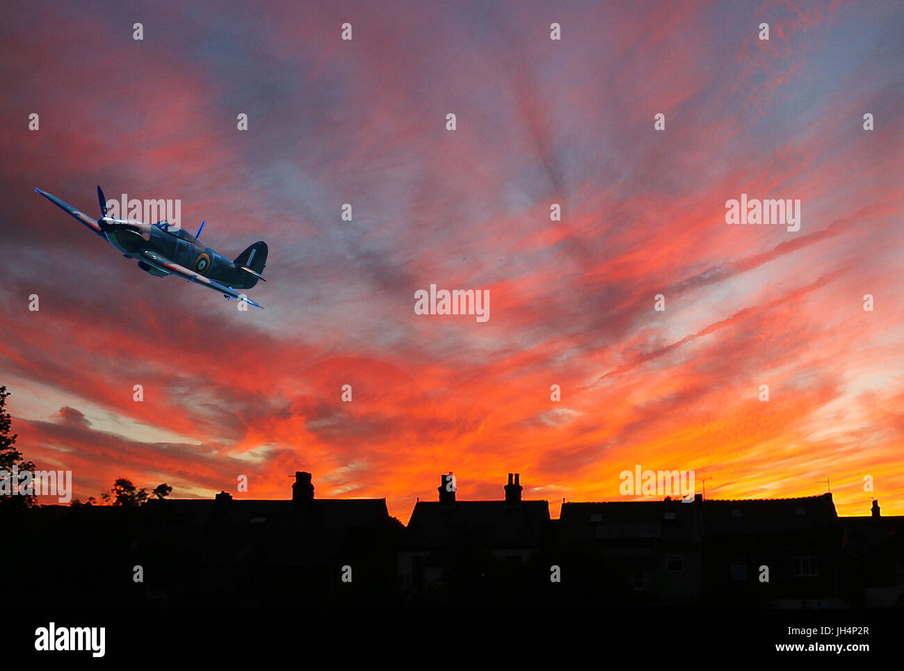 Hurricane Flugzeug über Walmer Dächer Stockfoto