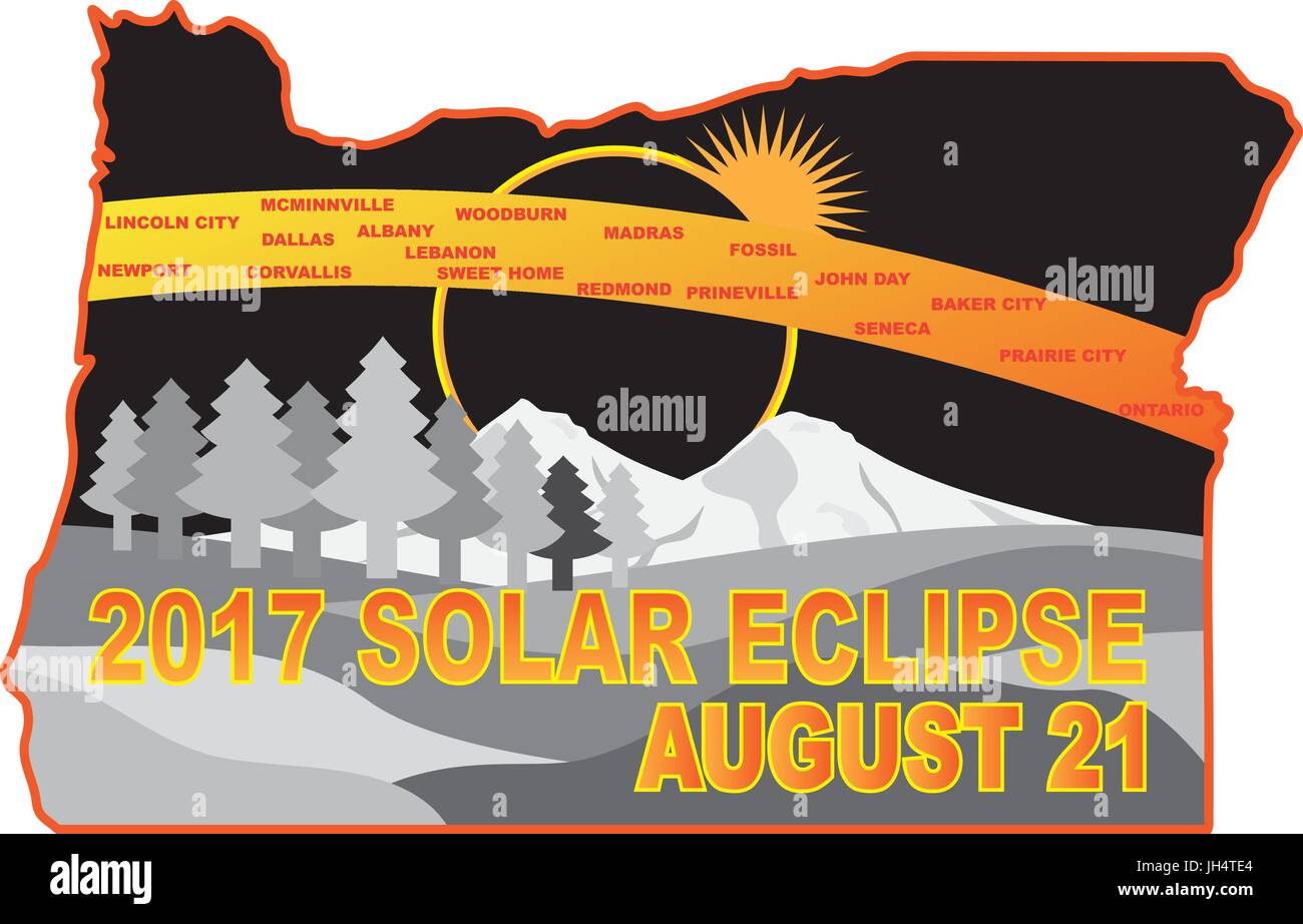 2017 Solar Eclipse Totalität in Oregon State Städten zuordnen Farbe Abbildung Stock Vektor
