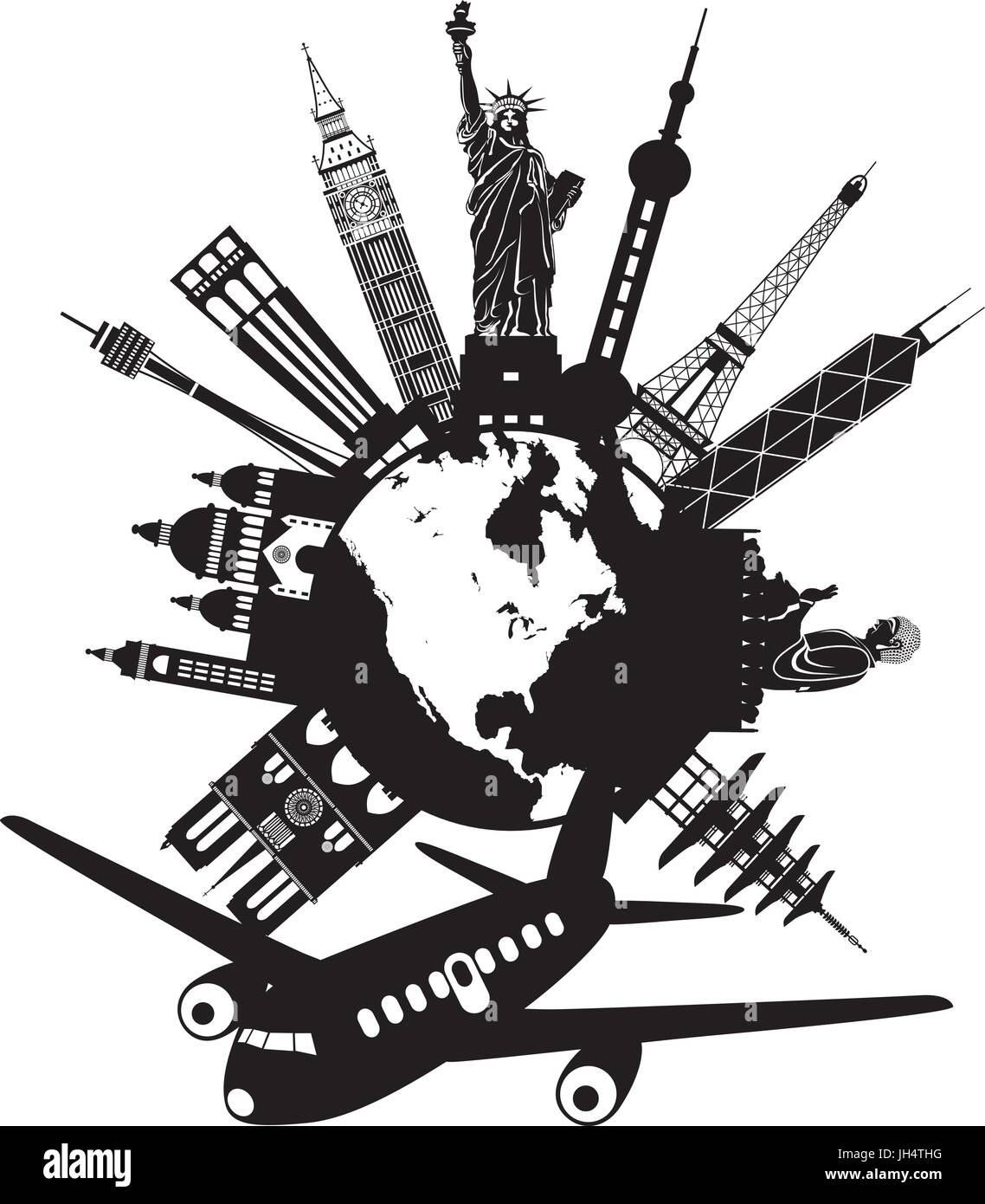 Reise um die Welt mit dem Flugzeug mit Sehenswürdigkeiten auf schwarzen und weißen runden Globus illustration Stock Vektor