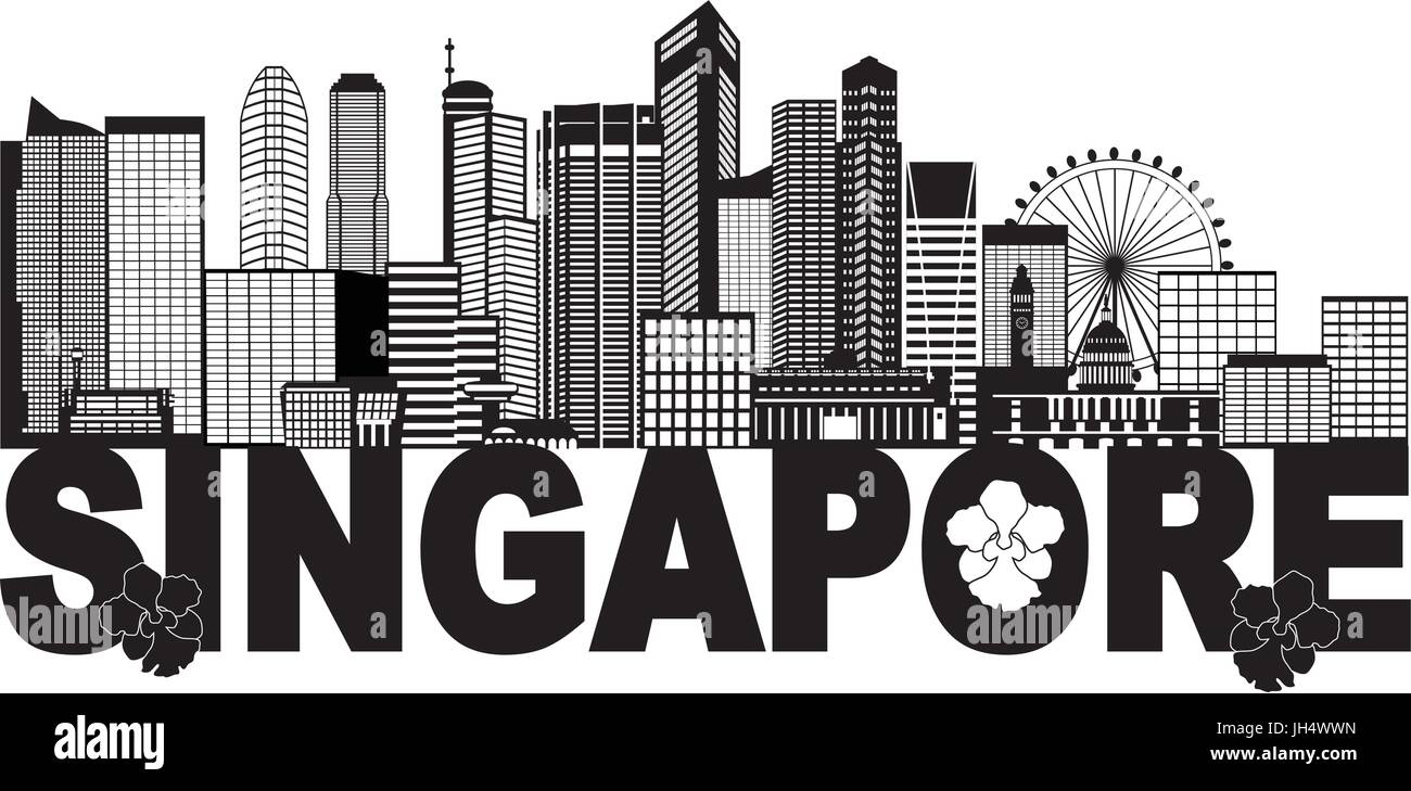 Singapur City Skyline Silhouette Umriss Panorama Text schwarz isoliert auf weißem Hintergrund Illustration Stock Vektor