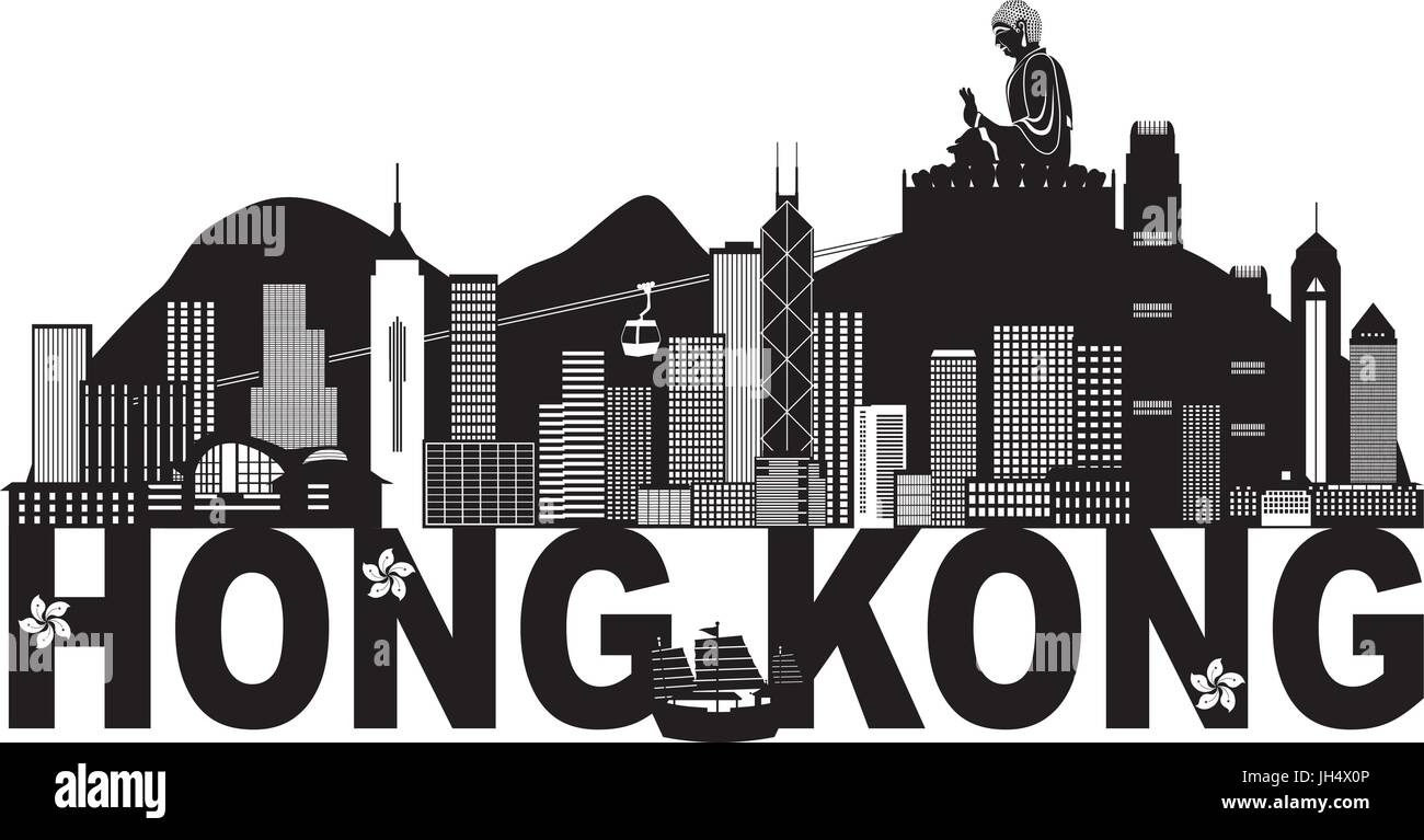 Skyline von Hong Kong und Big Buddha Statue Panorama schwarz Abstract-Text isoliert auf weißem Hintergrund Illustration Stock Vektor