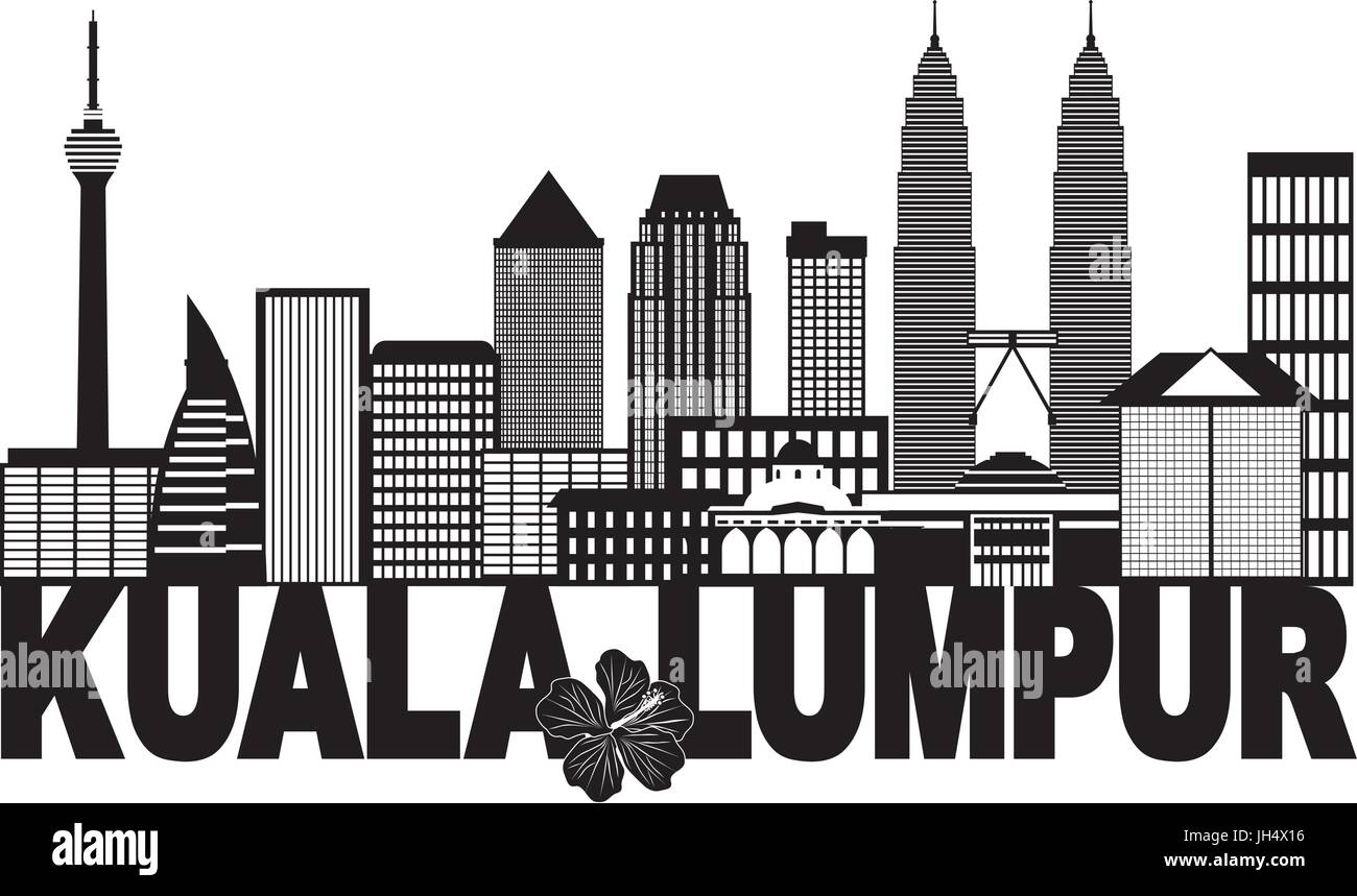 Kuala Lumpur Malaysia Skyline Text Stadtstaat Blume Hibiskus schwarz isoliert auf weißem Hintergrund Illustration Stock Vektor