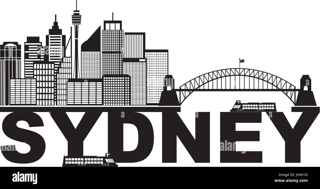Sydney Australien Skyline Wahrzeichen Harbour Bridge schwarz abstrakt auf weißem Hintergrund Illustration isoliert Stock Vektor