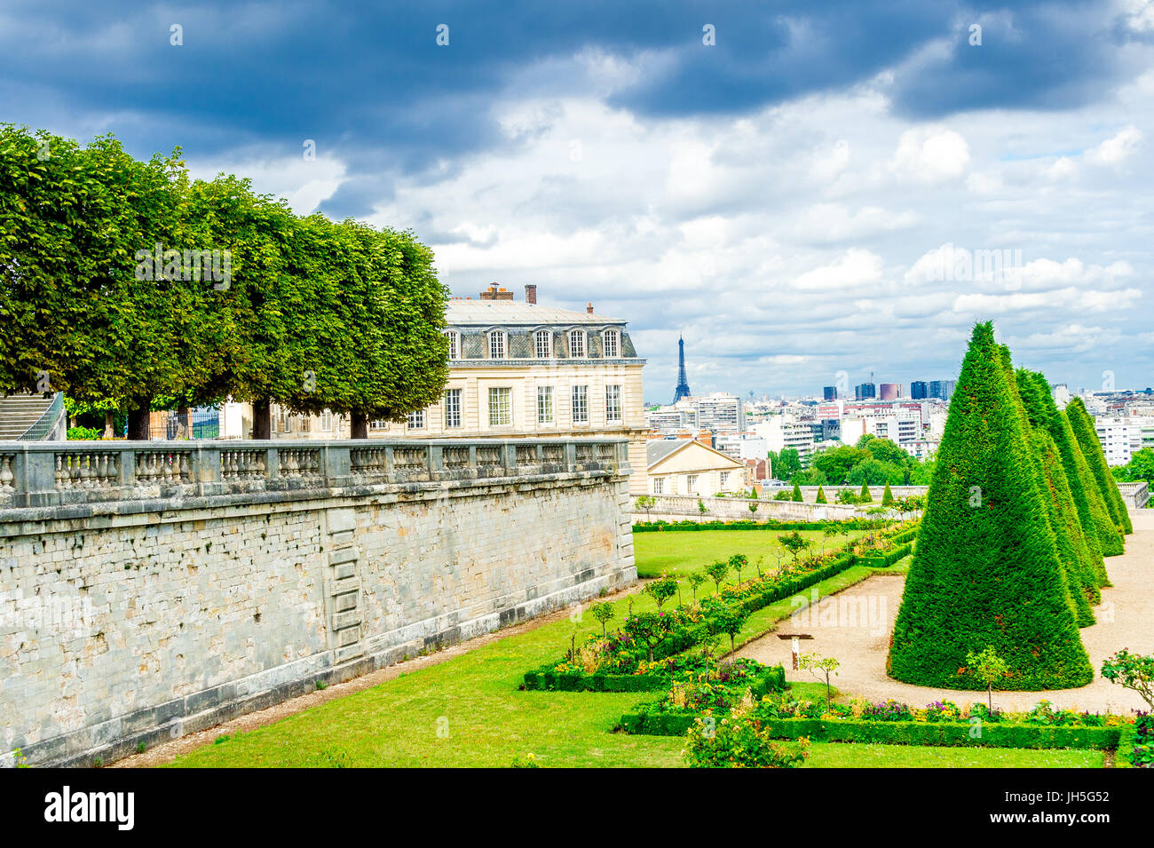 Schöne Reihen von Eibenbäumen im Parc Saint-Cloud, die sich größtenteils in Saint-Cloud, im Hauts-de-seine, in der Nähe von Paris, Frankreich befinden. Stockfoto