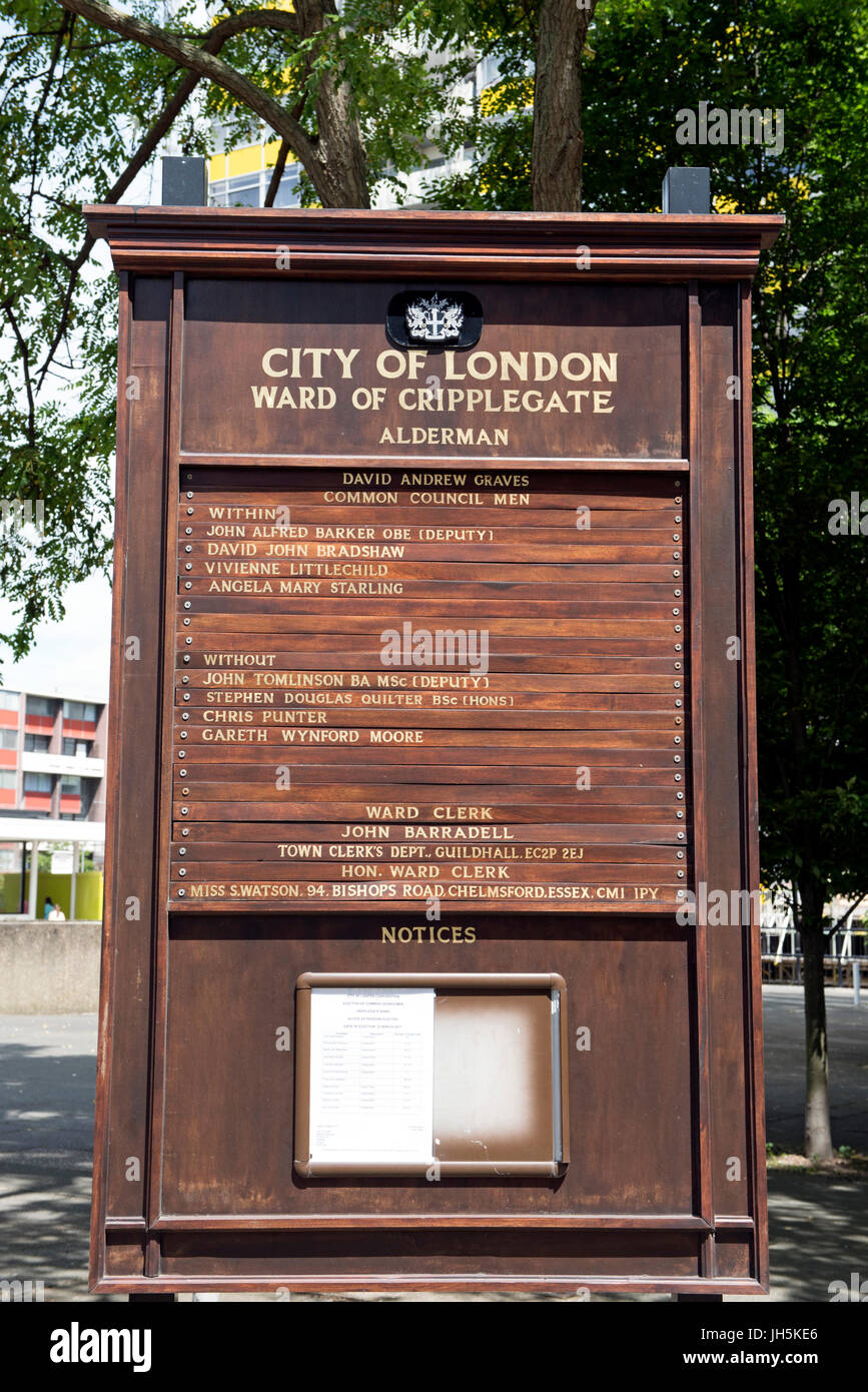 City of London, Ward von Predigten, Schwarzes Brett, die Gemeinderäte, England Großbritannien UK Listen Stockfoto