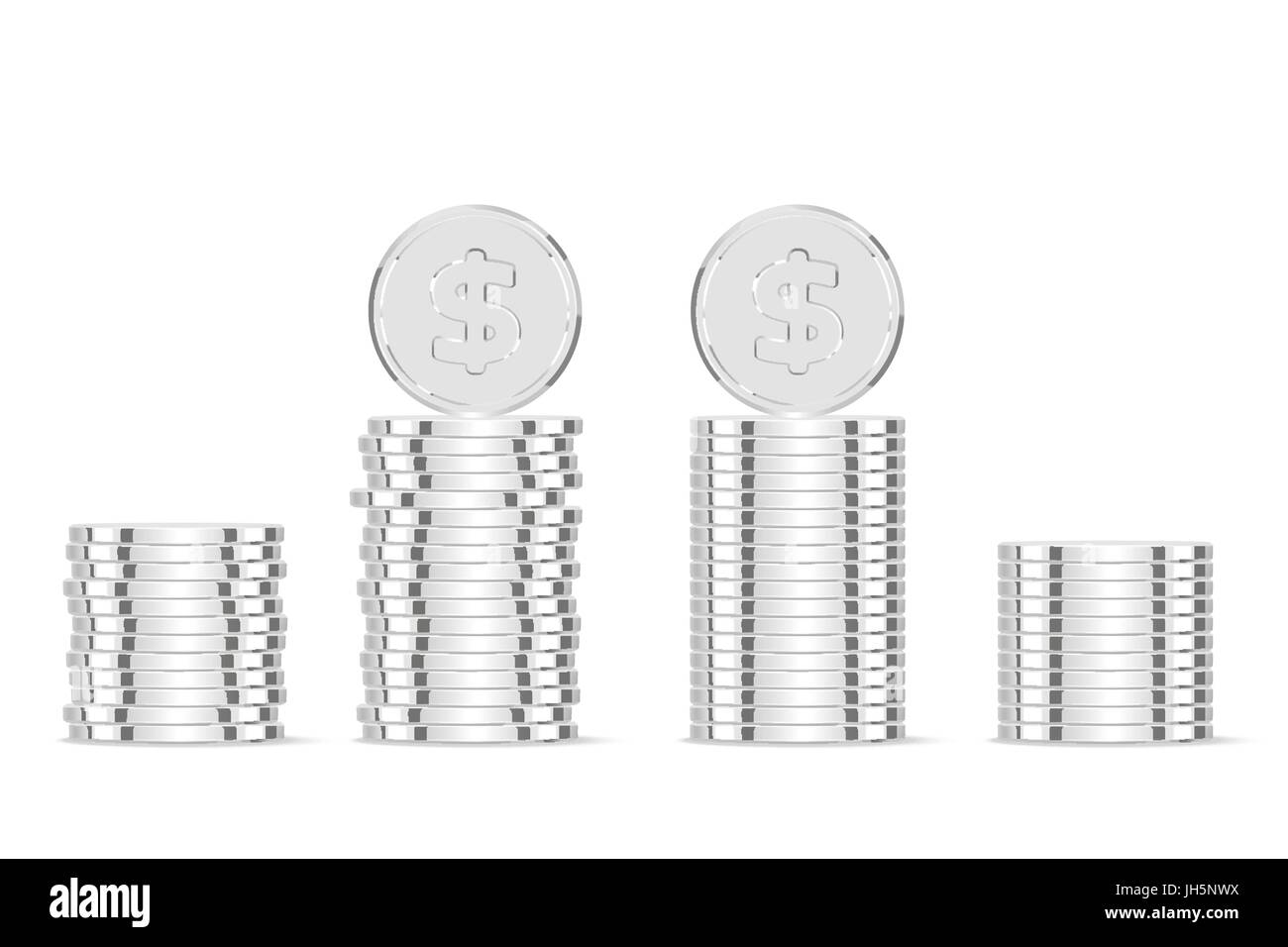 Silbermünzen. Realistische Silbergeld isoliert auf weißem Hintergrund Stock Vektor