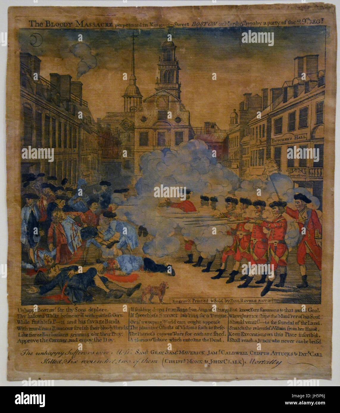 Vergilbte Kopie von Revere die Gravur "Blutigen Massaker" Darstellung 5. März 1770 als britische Truppen, fünf in den Straßen von Boston getötet Stockfoto