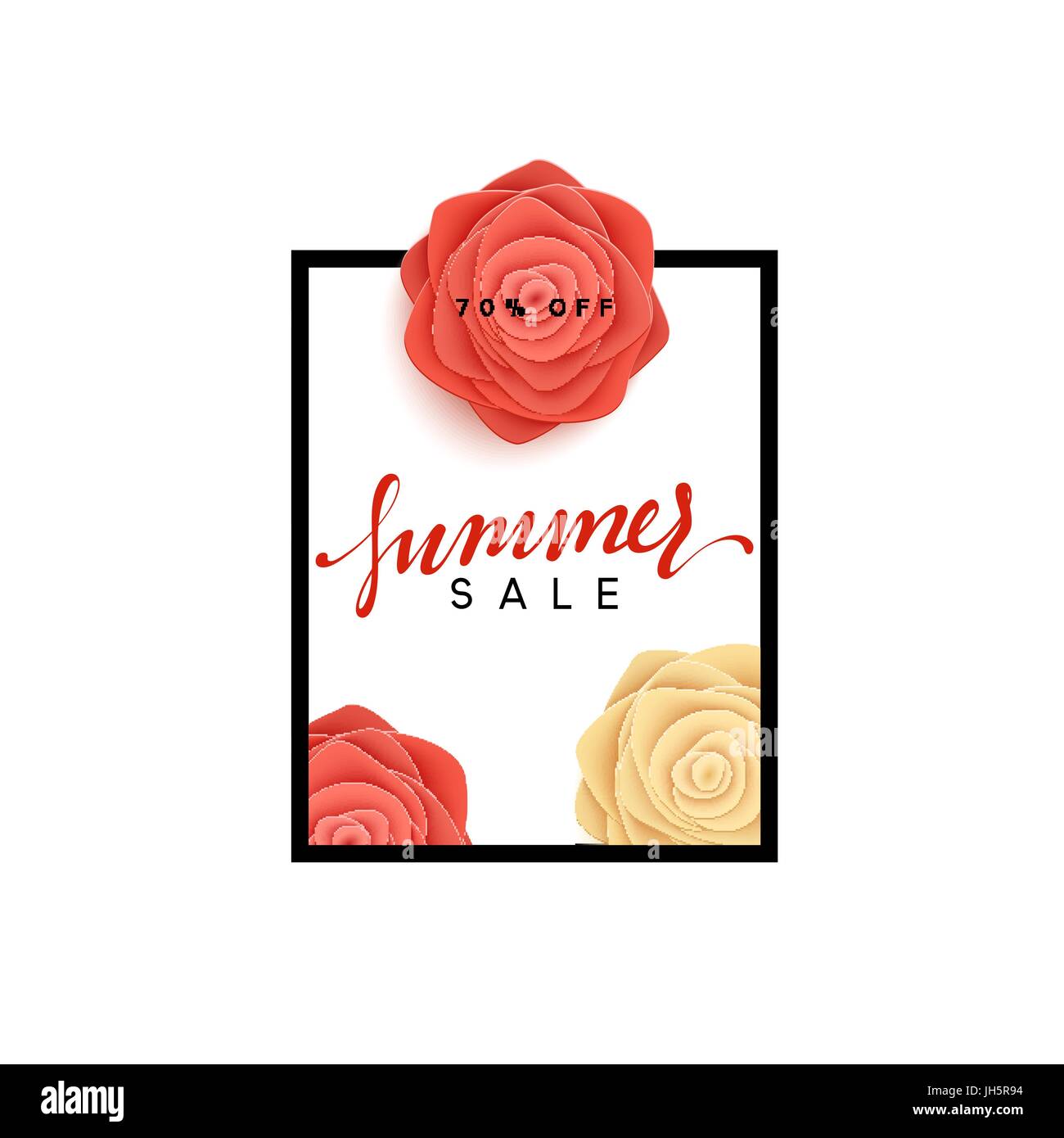 Sommer Sale Banner. Schöne Rosen im Stil der Kunst Illustration Papier Blumen Stock Vektor