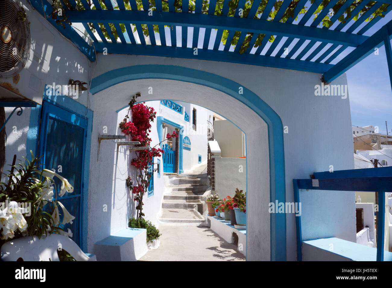 Durchgang am kraterrandweg blumengeschmueckter in Imerovigli, Santorin, Kykladen, aegaeis, Griechenland, Mittelmeer, Europa | Blume dekoriert passag Stockfoto