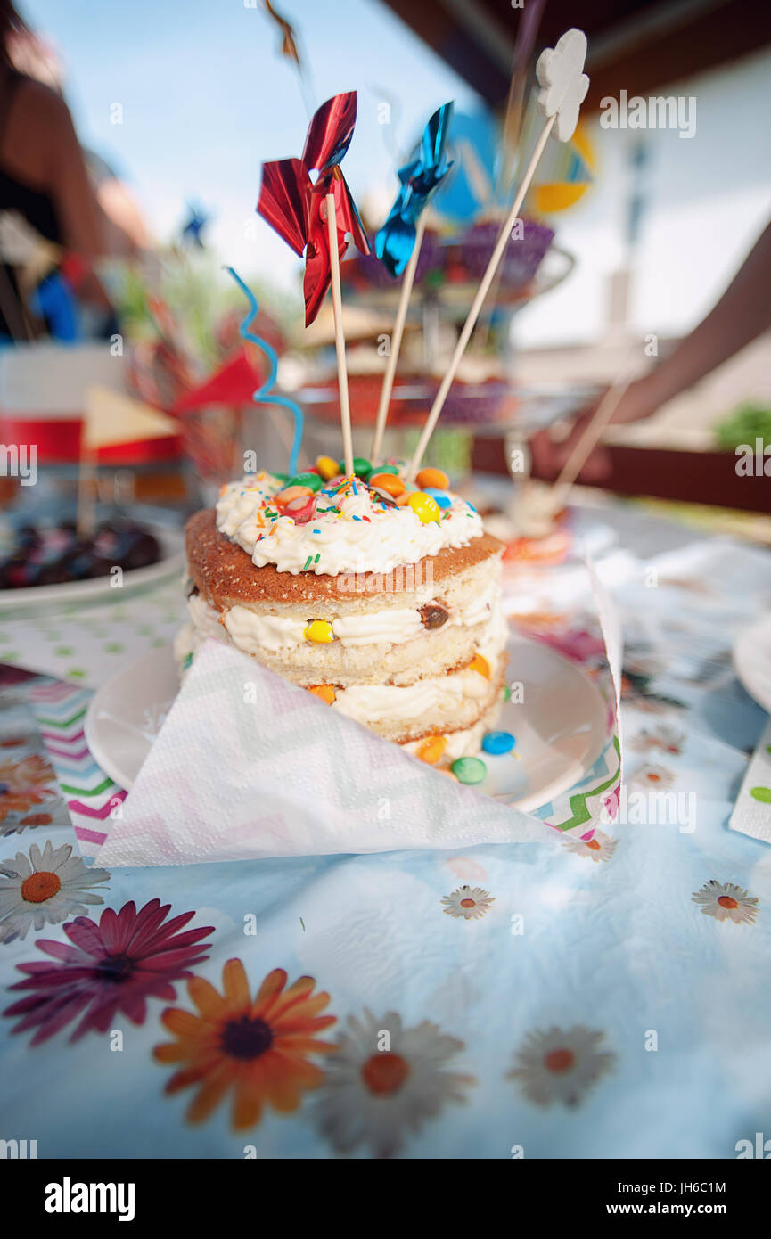 Kinder Kuchen Nahaufnahme alles Gute zum Geburtstag. Im Sommer, ein Picknick unter freiem Himmel Stockfoto