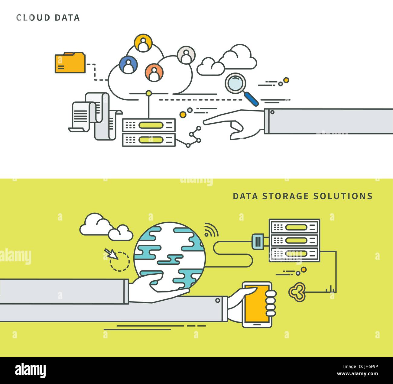 einfache Linie flache Bauweise von Cloud-Daten & Daten-Storage-Lösungen, moderne Vektor-Illustration. Stock Vektor