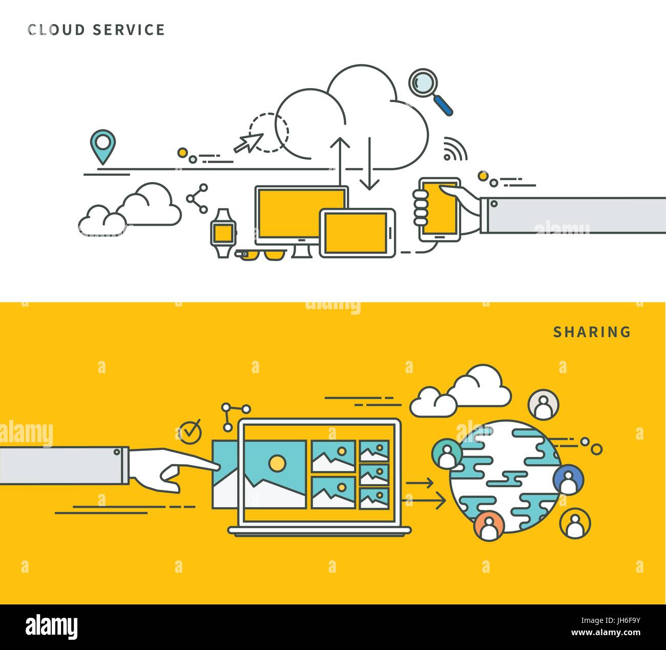 einfache Linie flache Bauweise von Cloud-Daten & Daten-Storage-Lösungen, moderne Vektor-Illustration. Stock Vektor