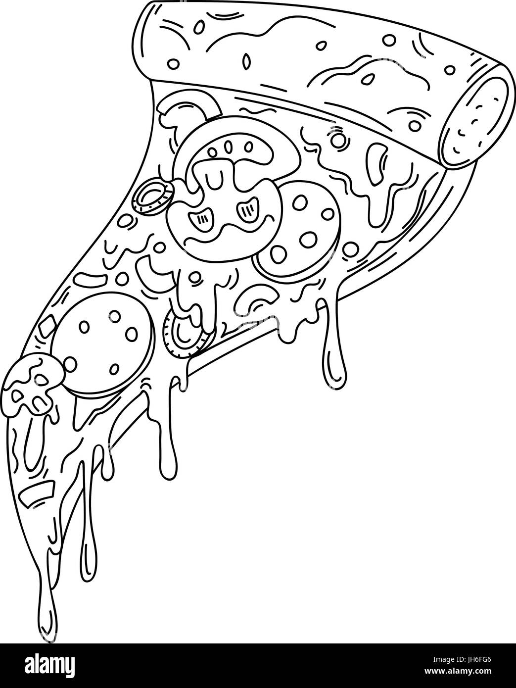 Cartoon Stück handgezeichneten Pizza mit Salami, Champignons und ...