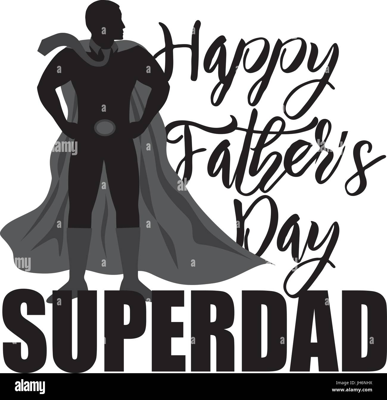 Glückliche Vatertag Super Papa Superhelden schwarze Silhouette Umriss auf weißem Hintergrund Illustration isoliert Stock Vektor
