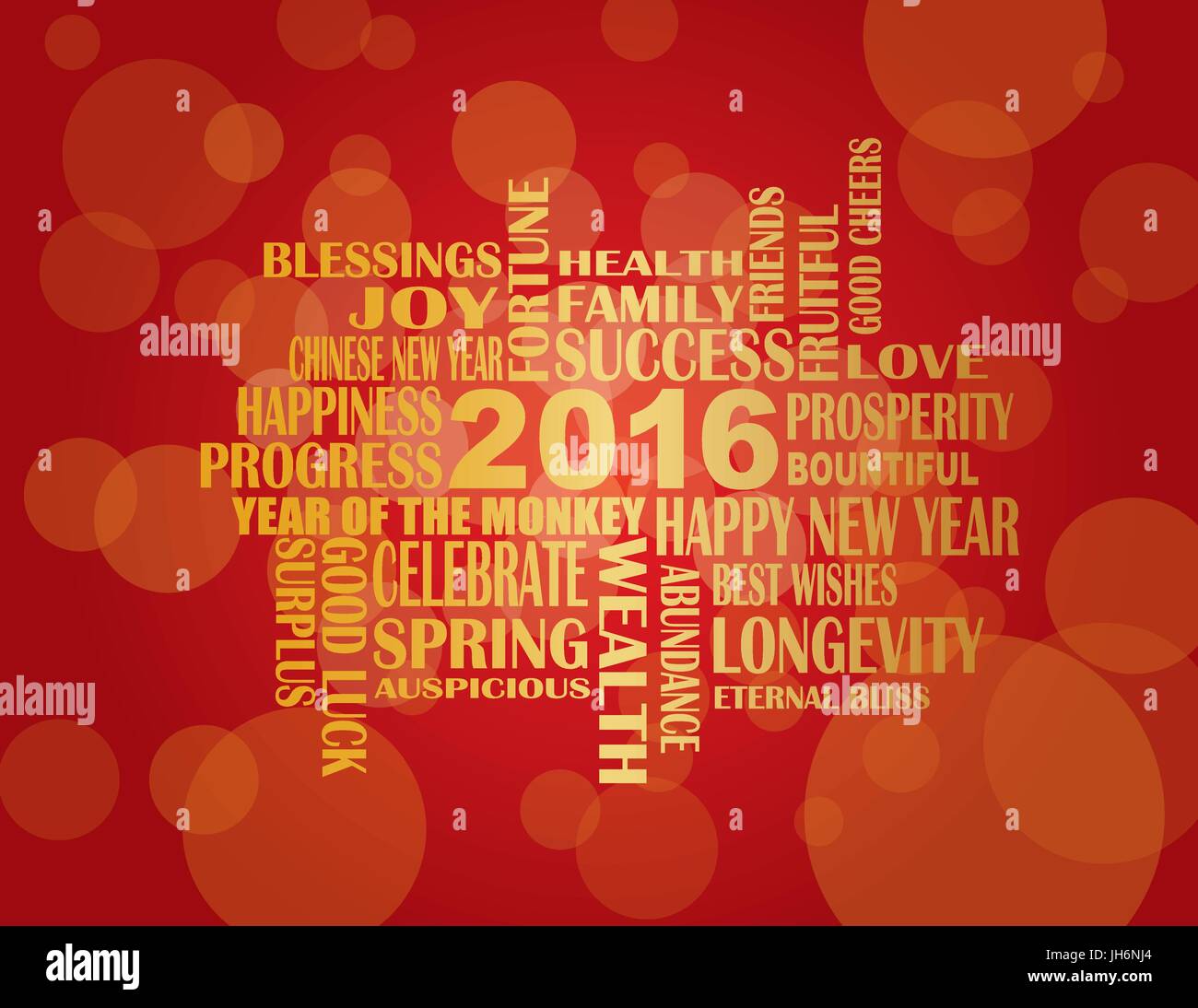 2016 Chinese Lunar New Year Englisch Grüße Text wünschen Gesundheit Glück Wohlstand Glück im Jahr des Affen auf rotem Grund hinsichtlich Stock Vektor