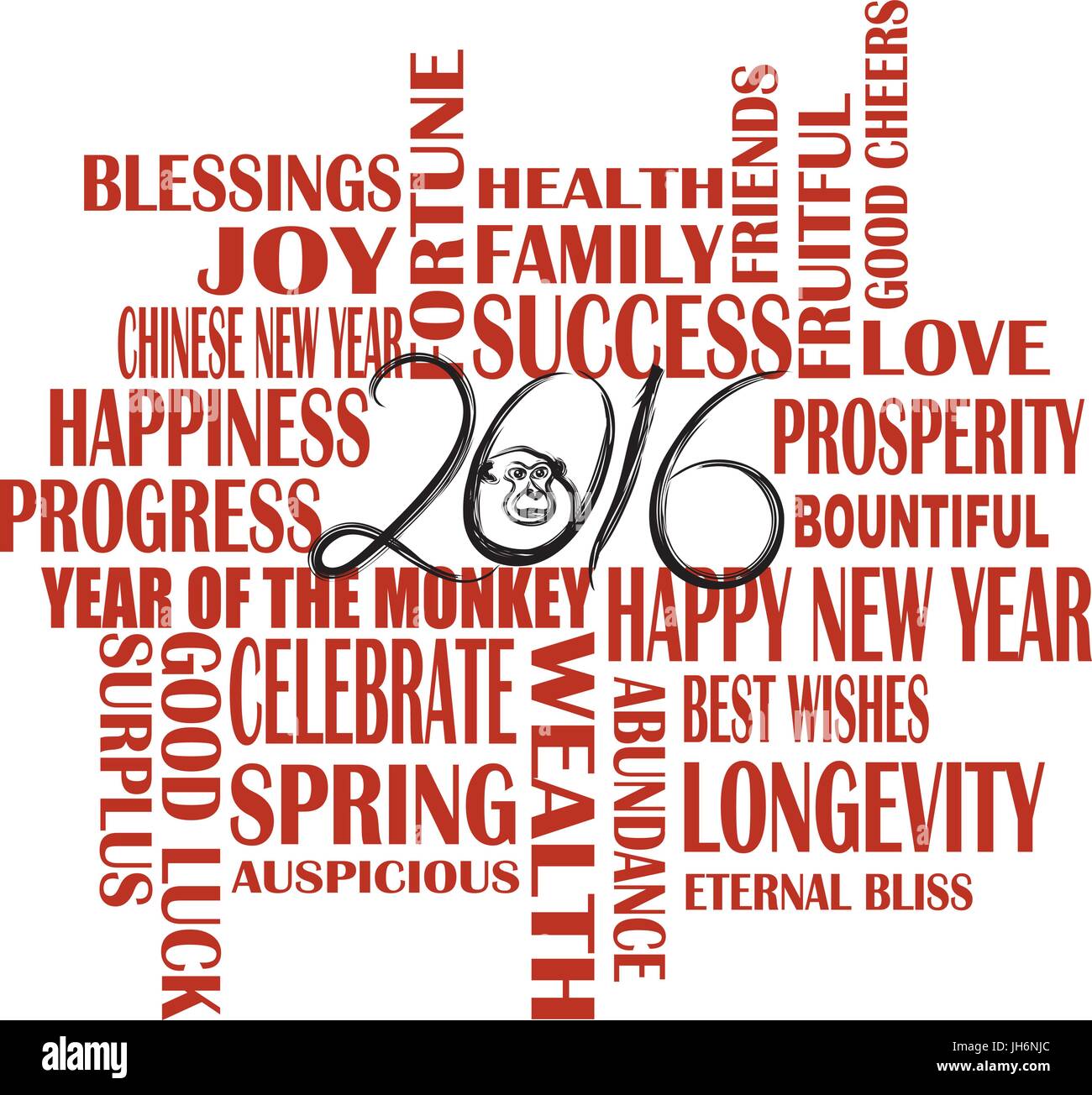 2016 Chinese Lunar New Year Englisch Grüße Text wünschen Gesundheit Glück Wohlstand Glück im Jahr des Affen auf Tinte Bürste auf weiß Ba Stock Vektor