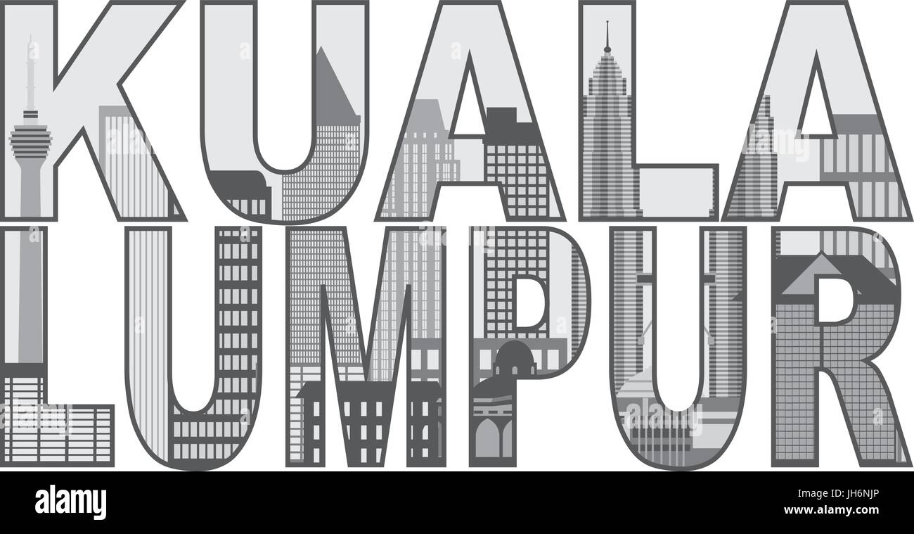 Kuala Lumpur Malaysia City Skyline Graustufen in Textkontur isoliert auf weißem Hintergrund Illustration Stock Vektor