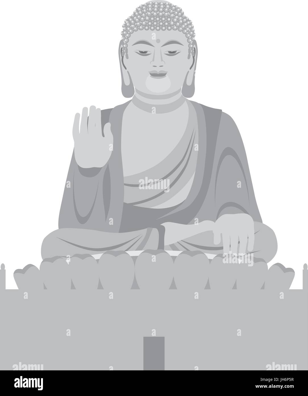 Große asiatische Buddha sitzt auf Lotus Pad Statue vordere Verkleidung Graustufen Illustration Stock Vektor