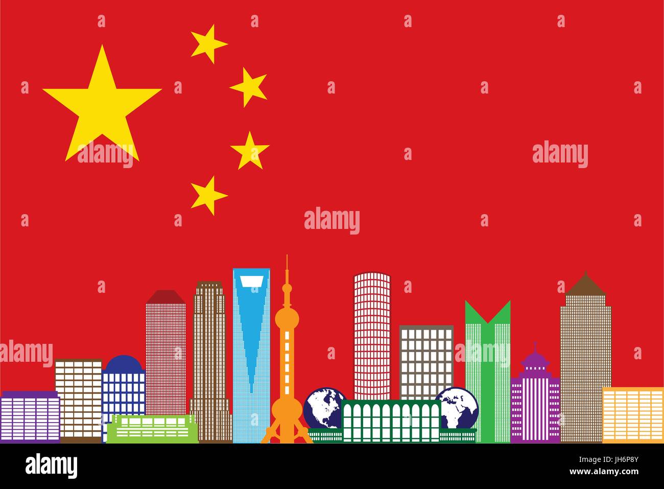 Shanghai China City Skyline Umriss Silhouette in China Flagge isoliert auf weißem Hintergrund Farbe Abbildung Stock Vektor