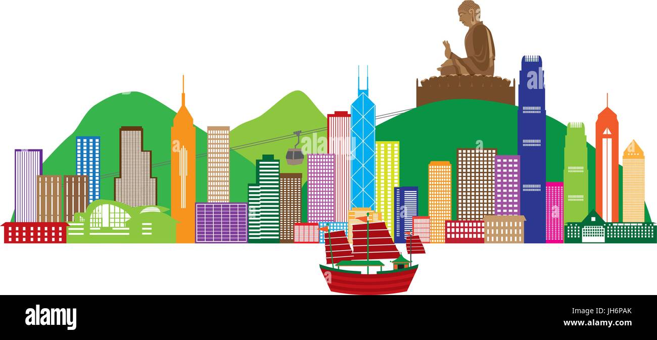 Skyline von Hong Kong und Big Buddha Statue Panorama Farbe isoliert auf weißem Hintergrund Illustration Stock Vektor