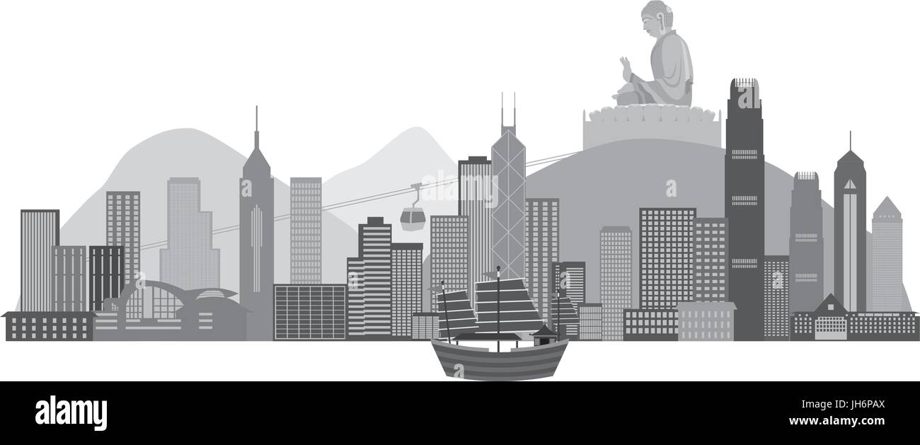Skyline von Hong Kong und Big Buddha Statue Panorama Graustufen isoliert auf weißem Hintergrund Illustration Stock Vektor