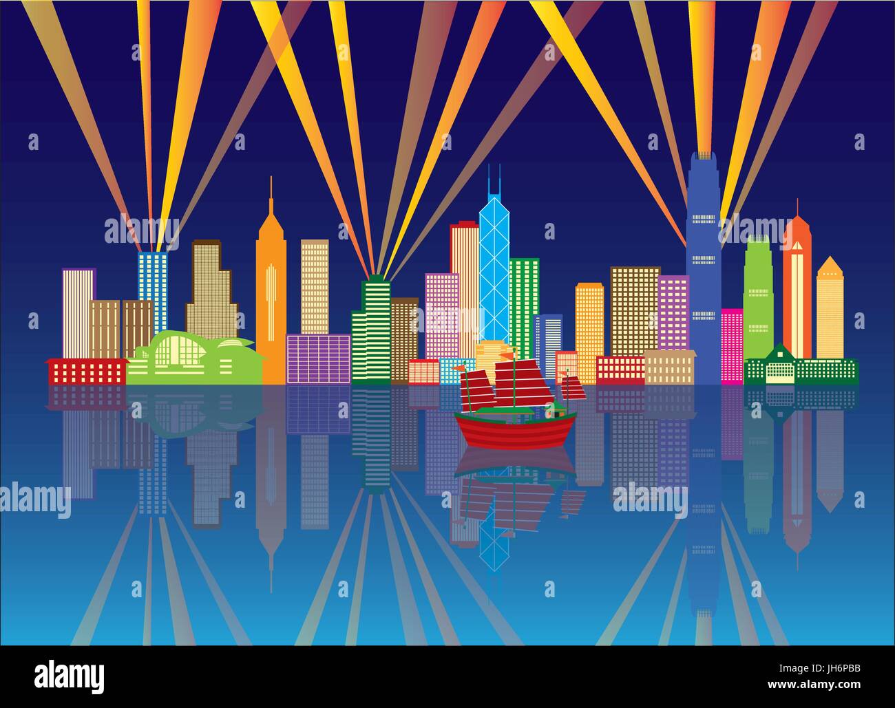 Hong Kong City Nacht Skyline mit Laser-Licht strahlen Panorama Farbe auf blauem Hintergrund Illustration Stock Vektor