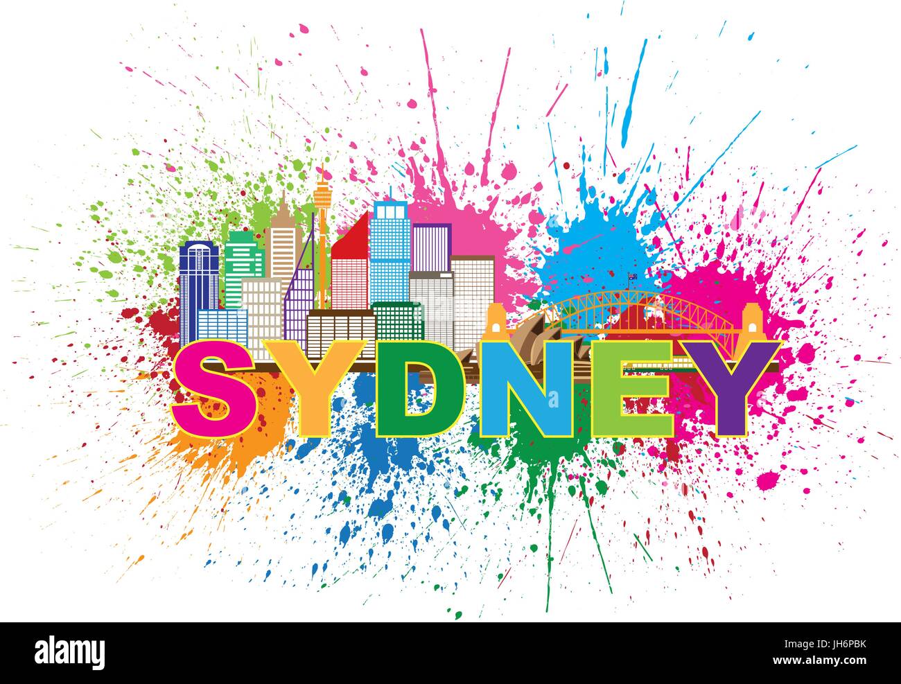 Hafenbrücke Australien Skyline Wahrzeichen Farbspritzer bunt abstrakt isoliert auf weißem Hintergrund Illustration Stock Vektor
