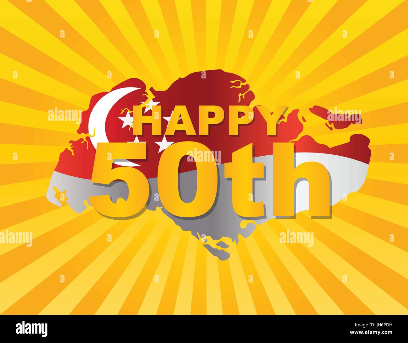 Singapur-2015 glücklich 50. Nationalfeiertag Flagge im Landkarte Silhouette auf Sonnenstrahlen Hintergrund Illustration Stock Vektor
