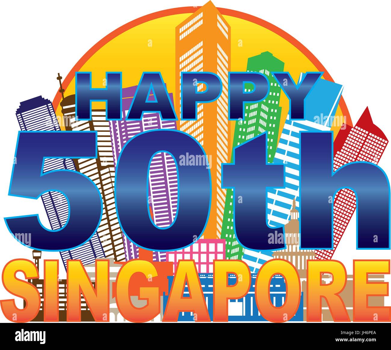 Singapur 2015 glücklich 50. National Day City Skyline Silhouette Umriss im Kreisfarbe auf weißem Hintergrund Illustration isoliert Stock Vektor