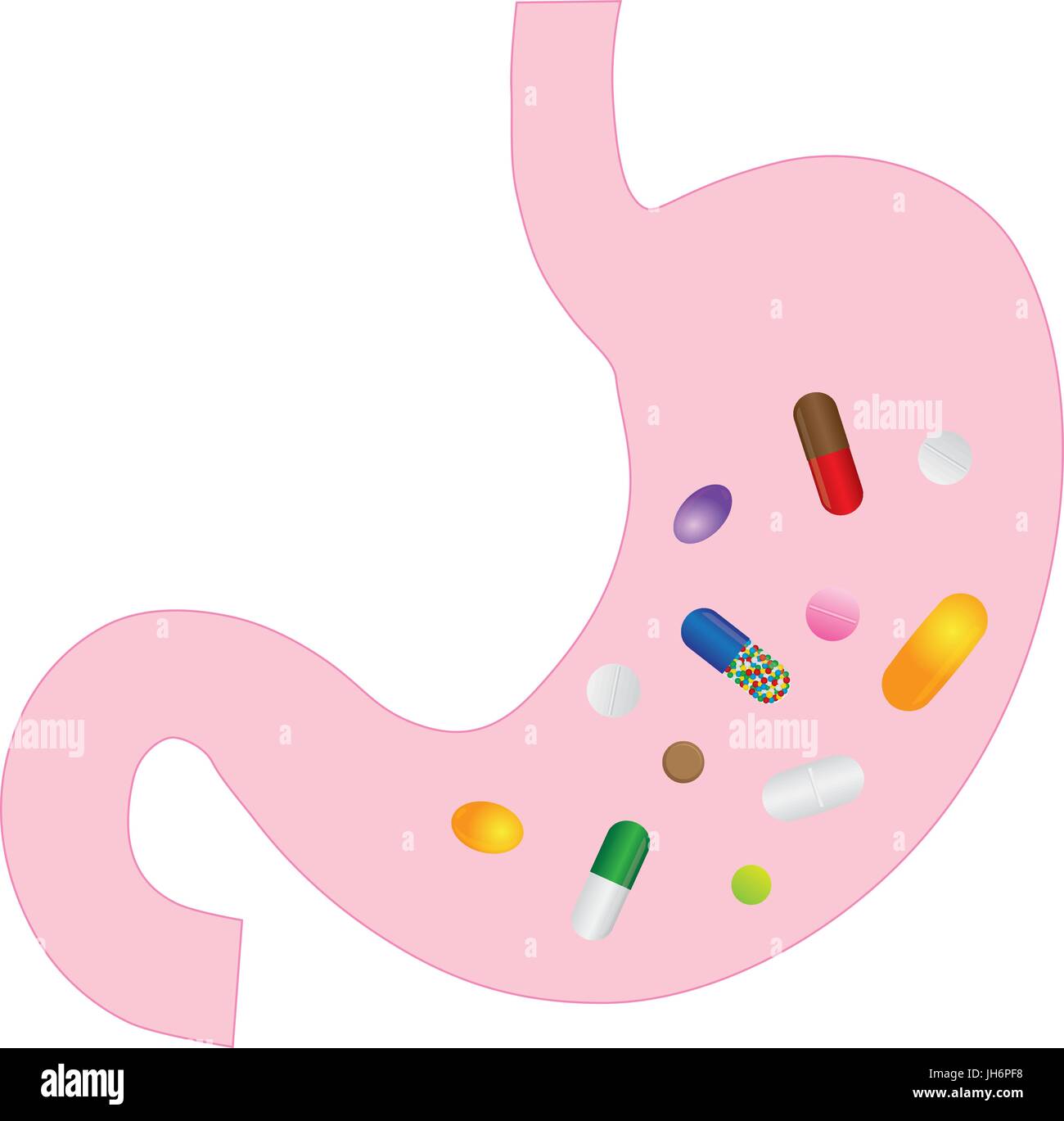 Anatomie der menschlichen Magen mit Medikamente Vitamine Tabletten Drogen Kapseln farbigen Illustration Stock Vektor